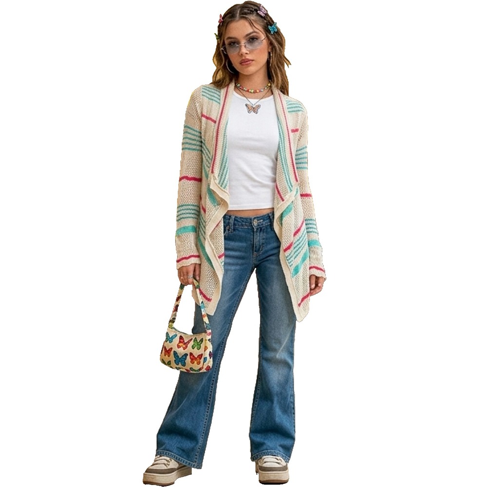 VTG Y2K Say What? Open Knit Striped Crochet Cardigan Medium Asymmetrical 90s